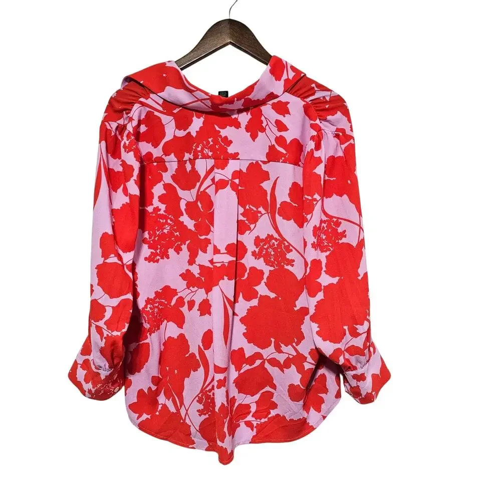 Halogen Button-Up Blouse Women's Size 1 (L) Pink Orange Floral Maximalist Boho - Picture 3 of 7
